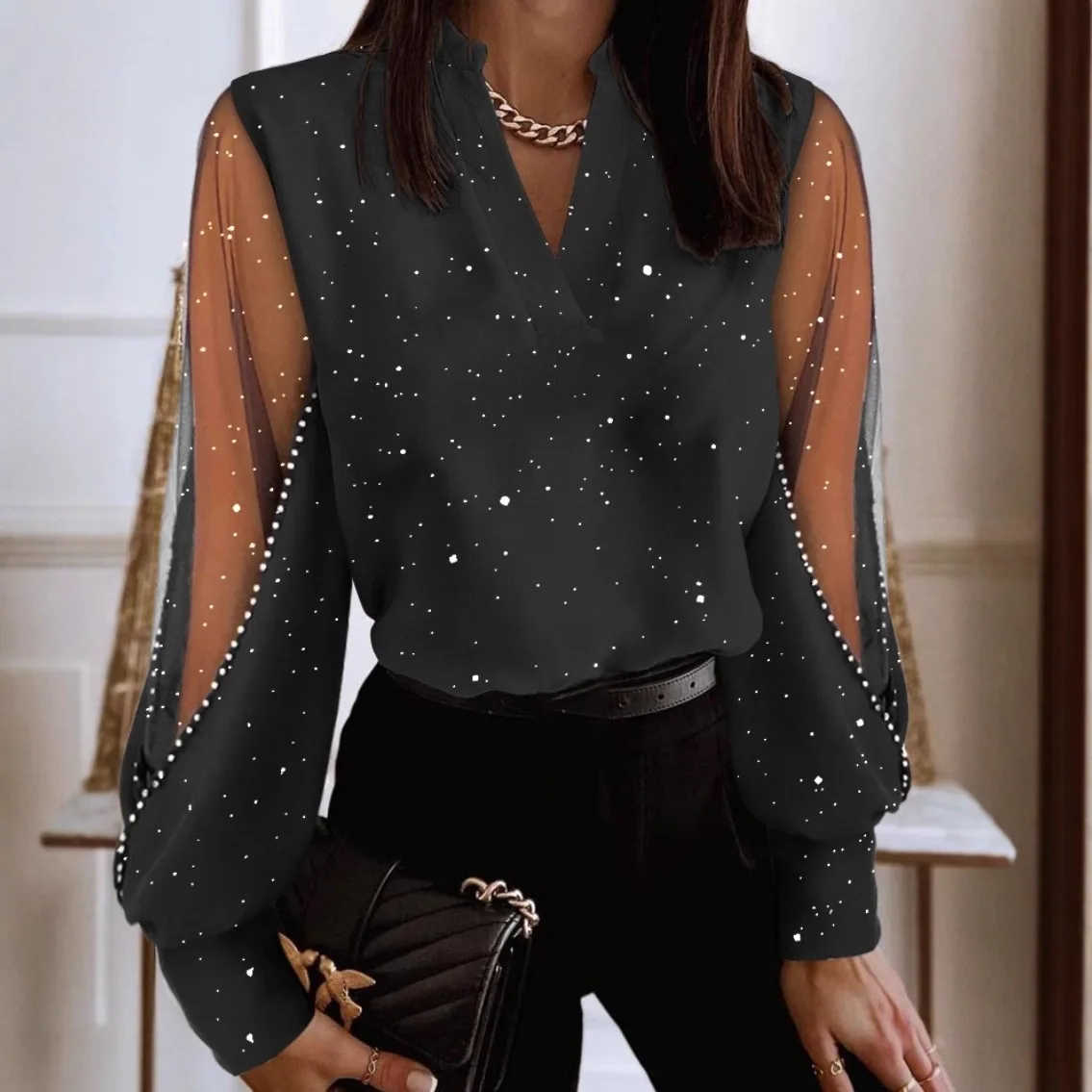 V Neck Polka Dot Blouse Mesh Cutout Long Sleeve Beaded Lantern Cuff Elegant Office Casual Top