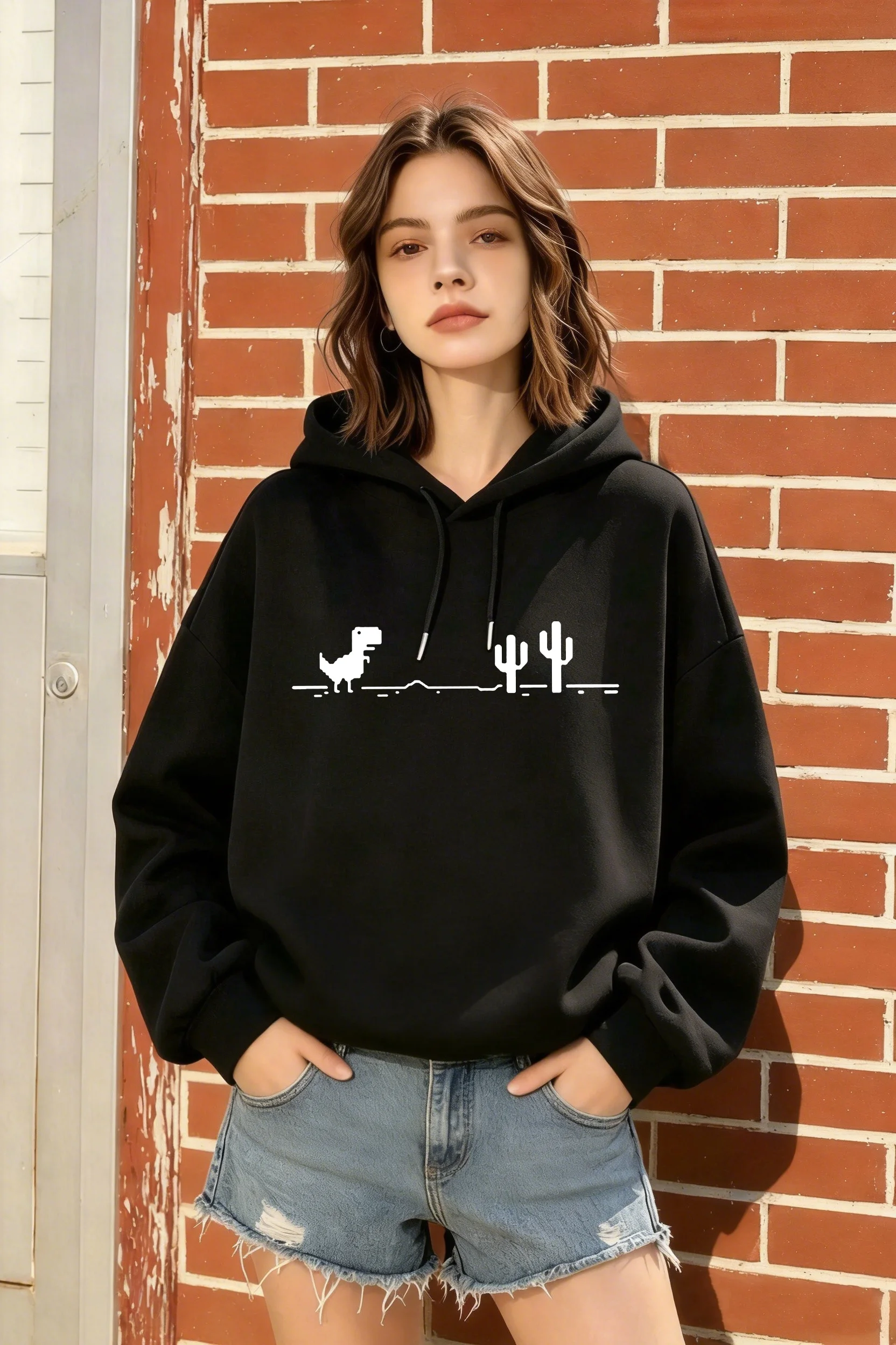 

Fashion Women's Loose-Fit Black Hoodie with Pixel Dinosaur & Cactus Design