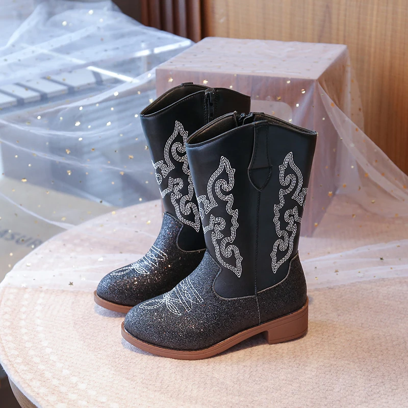 

Sparkling Glitter Kids Cowboy Boots for Girls Embroidered Floral Pattern Mid-calf Fashion Toddler Ankle Boots 2025 New Autumn