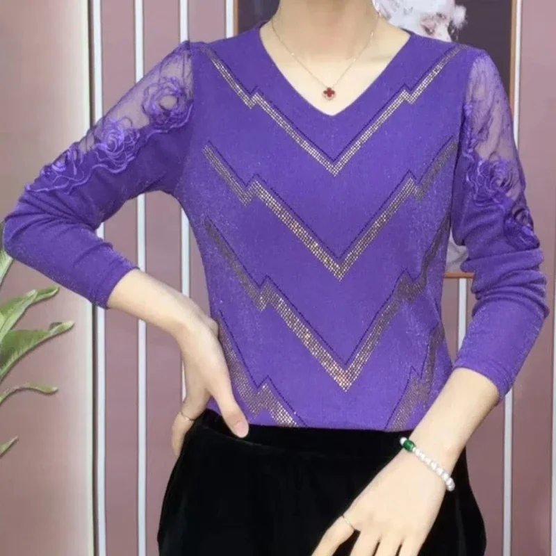 أزياء أجنبية أنيقة نمط رقيقة ارتداء تنوعا شبكة الخامس الرقبة ضئيلة بلون عارضة طويلة الأكمام قميص Tiktok Xirui المرأة