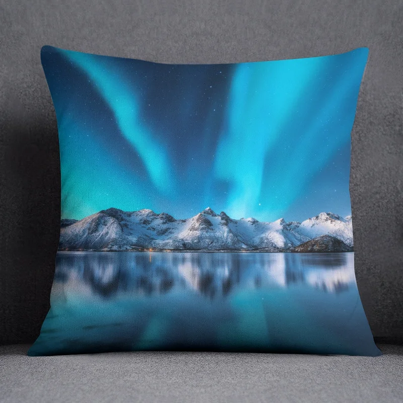 Snow Mountain Night View Aurora Pattern Home Living Room Sofa Office Bedroom Car Decoration Pillow Cover