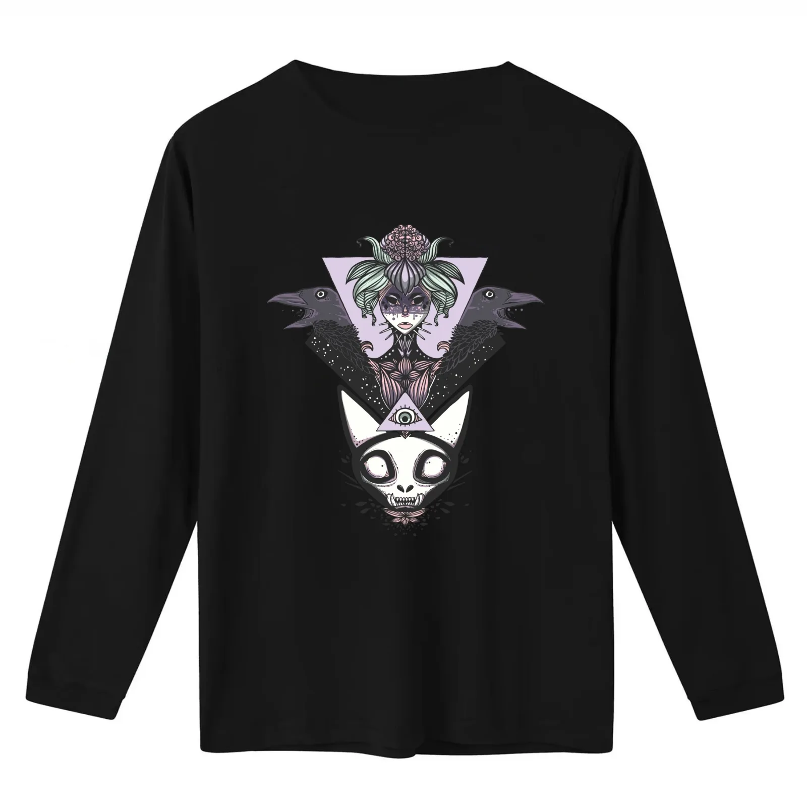 Witch Crows Cat Skull And All Seeing Eye Of Providence Artwork T-Shirt Summer Casual Cotton Tee Oversized Streetwear Tops