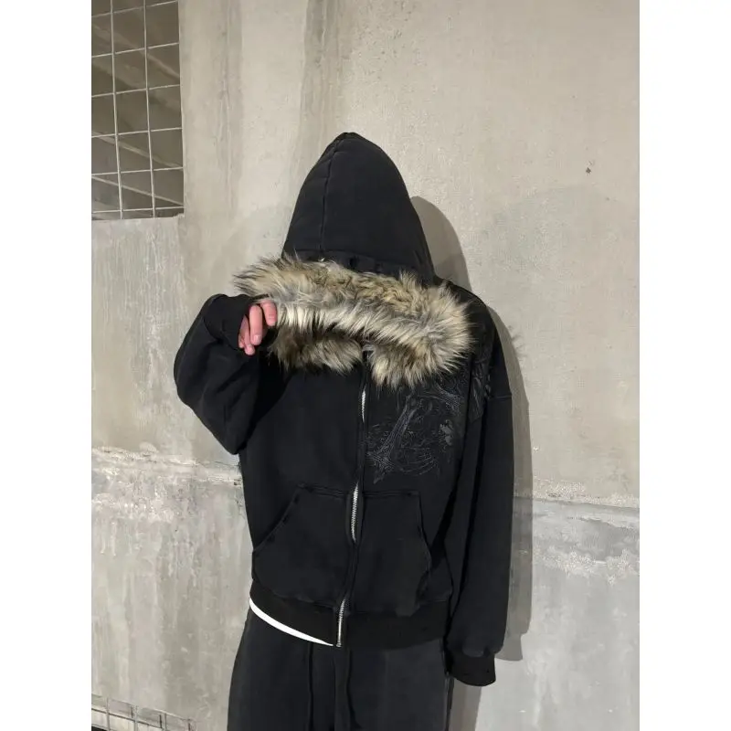 Fashion leisure high street hoodies in autumn and winter, American street retro ins style, fur collar design,skull print hoodies