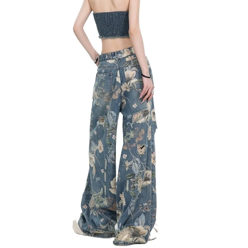 Harajuku Floral Jeans Women Y2K Ripped Baggy Broken Hollow Pants Wide Leg Streetwear Straight Denim Trousers Boys Girls