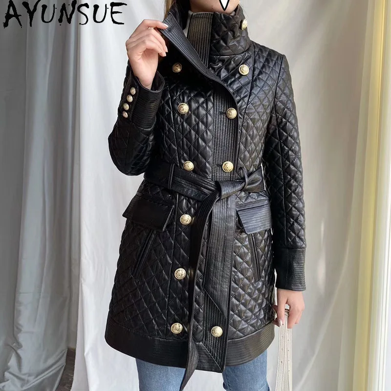 AYUNSUE 本革ジャケットミッドレングスリアルシープスキンレディースコート春秋の女性の服 2025 スリムフィット Jaqueta デ Couro