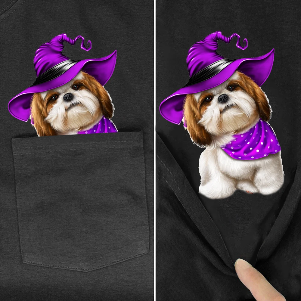 CLOOCL Black Cotton T-shirts Fashion Brand Shih Tzu Art Printed Pocket Tops Hip Hop Tees Short Sleeve Woman Tshirts