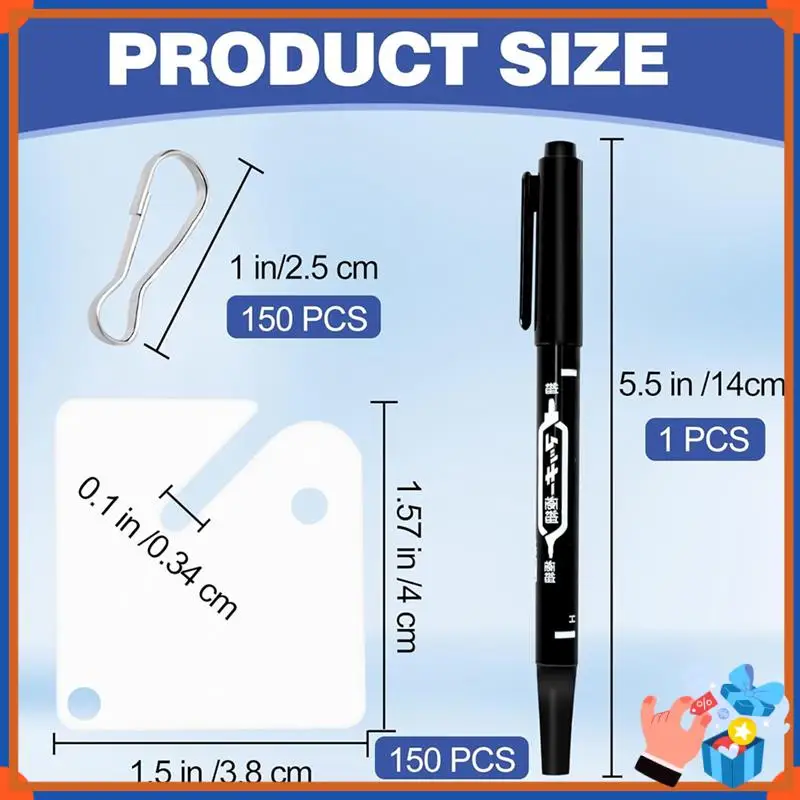 علامات مفاتيح مدمجة مكونة من 150 قطعة علامات تعليق بلاستيكية مربعة بيضاء مع علامات سوداء واحدة، خطافات معدنية لخزائن المفاتيح المشقوقة