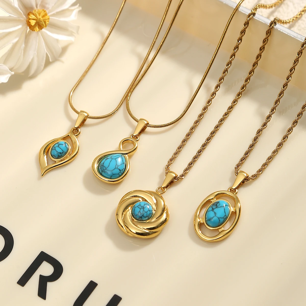 1 Stück Edelstahl Oval Intarsien Türkis Naturstein Anhänger Halsketten für Damen Schmuck Vintage Accessoires Geschenke Partys