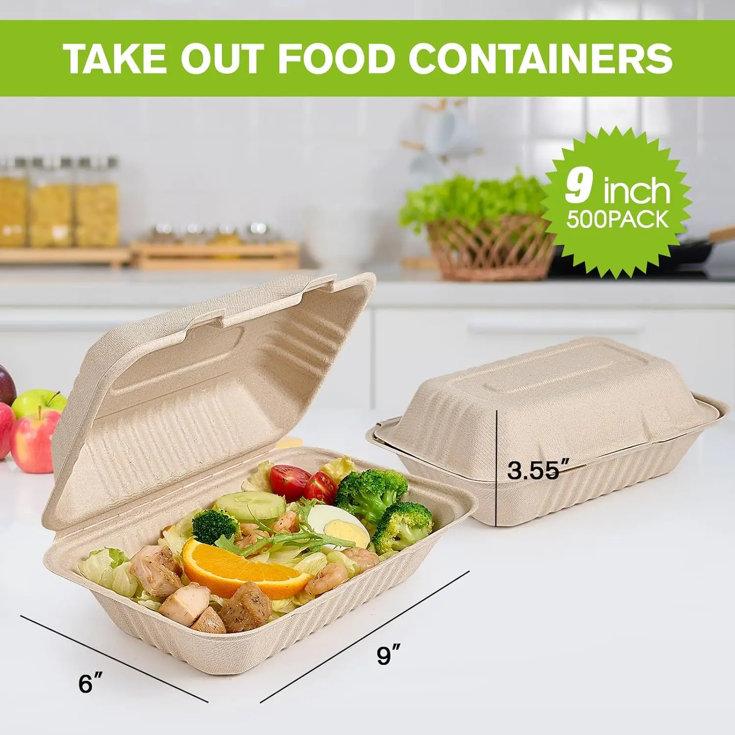 500 Pack Clamshell Take Out Food Containers, 100% Compostable Disposable To Go Containers, 9X6 inch Heavy-Duty To Go Boxes