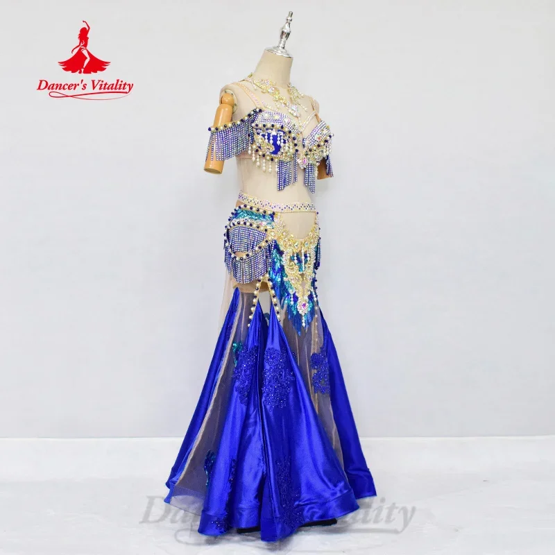 Belly Dance Performance Set Customized Pearl Diamond Bra+Sexy Split Tassel Long Skirt 2pcs Oriental Dance Competition Clothing