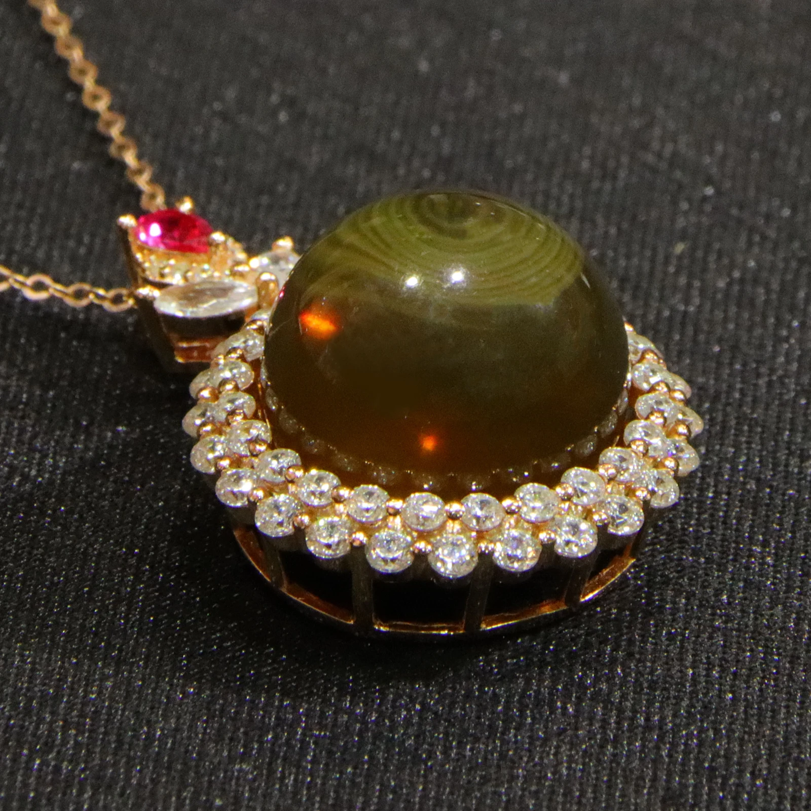 Natural Mexican Blue Amber Sterling Silver Pendant 16mm Round Bead Surrounded by Cubic Zirconia Necklace Jewelry Gift for Women