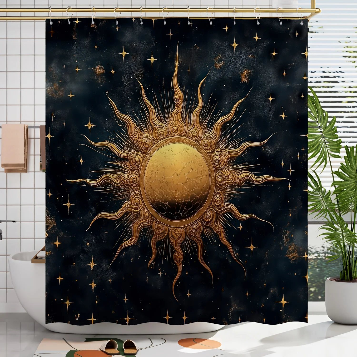 

1 шт. винтажная занавеска для душа с золотым принтом Sunburst — моющийся полиэстер, небесный дизайн со звездами и шариками, в комплект входят крючки, идеально