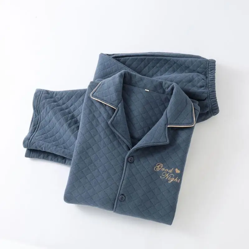 Autumn Winter Warm Thick Loungewear Men Thicken Cotton Pajamas Set Homewear Long Sleeves Lapel 2 Pcs Shirt&pants Sleepwear Suit