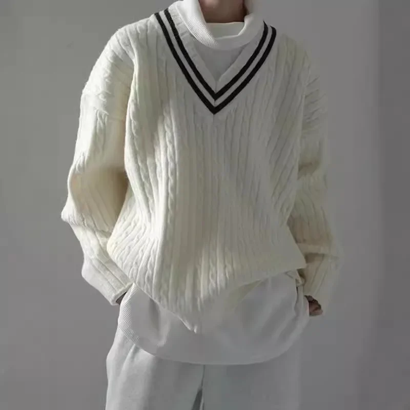 2025 Japanese Style Preppy V-Neck Cable Knit Sweater Men's Vintage Loose Fit Soft Supple Pullover Knitted Top Motorcycle Underwe