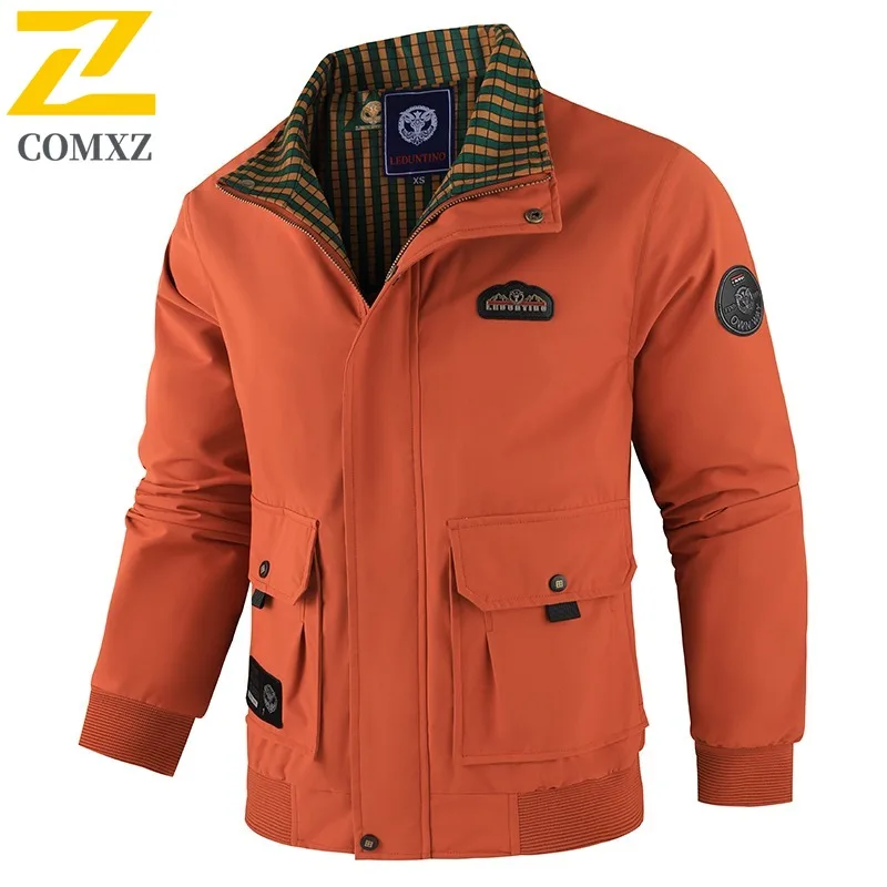 

COMXZ Embroidered Stand Collar Jacket Men Trendy Streetwear Handsome Casual Hooded Coat Multi Pocket lightweight windbreaker