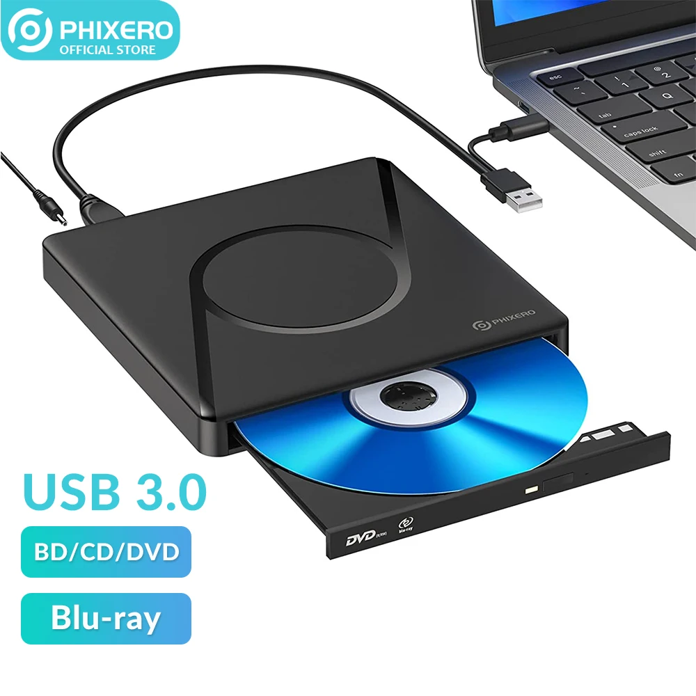 PHIXERO 외장 블루레이 DVD 드라이브 버너, 슬림 광학 라이터 레코더, DVD 플레이어, 노트북 PC, 맥 OS, 윈도우 xp, 7, 8/10, USB3.0