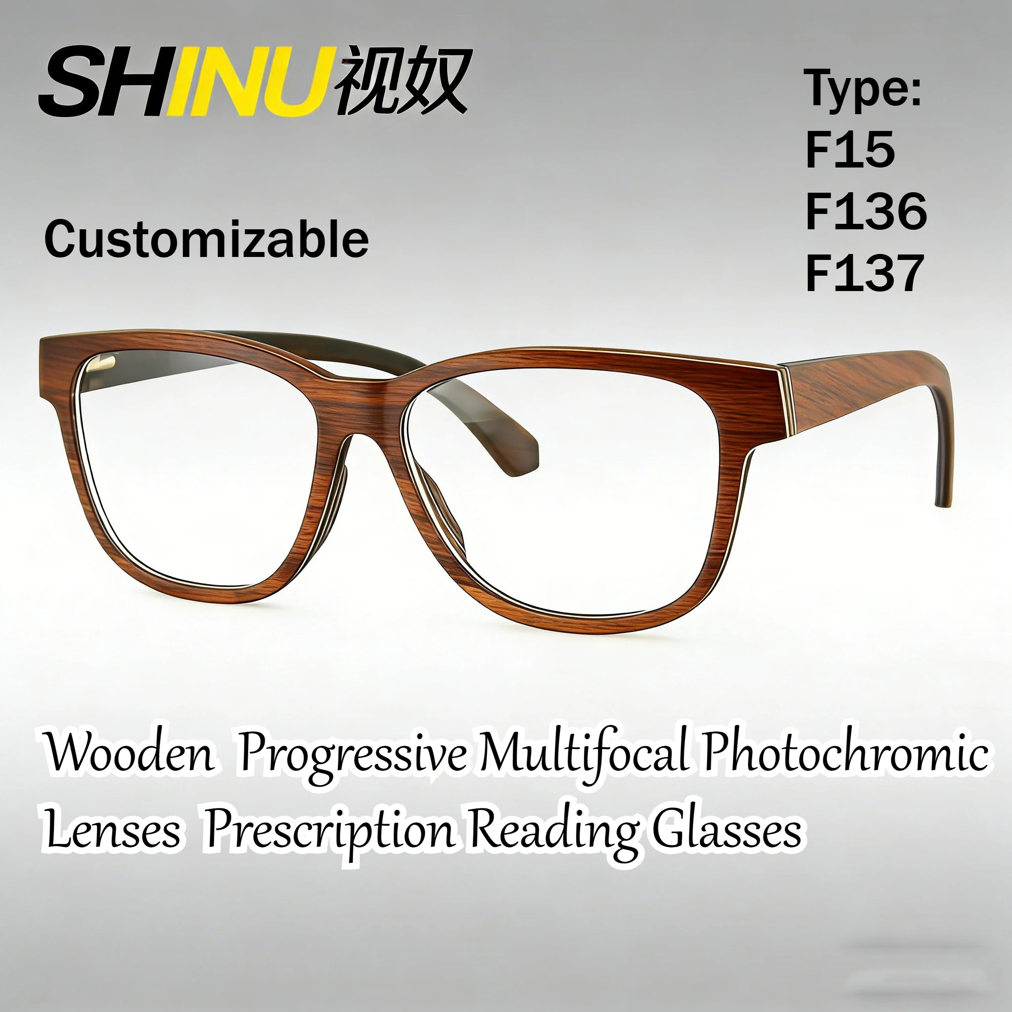 shinu-メンズ木製眼鏡プログレッシブ多焦点フォトクロミックレンズカスタム処方近視遠視カスタム