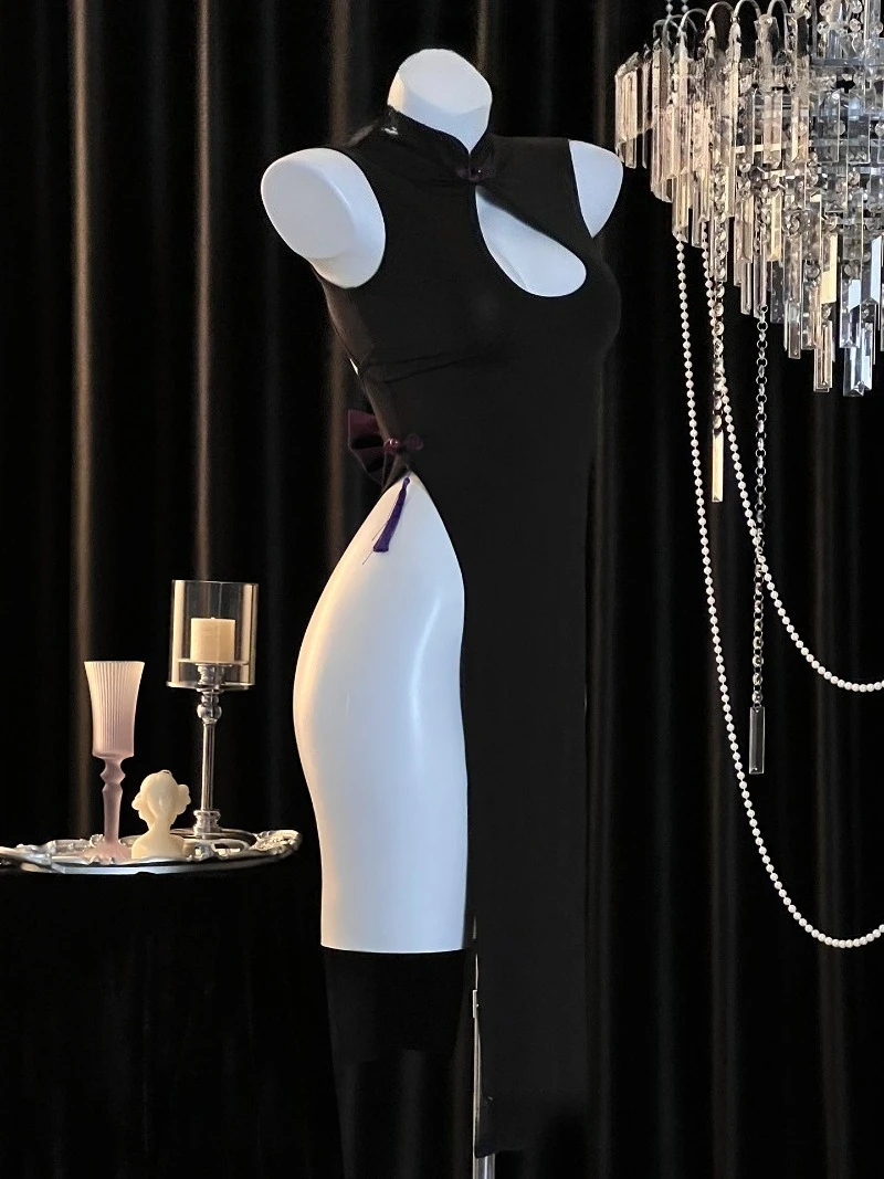 섹시한 순수한 욕망 스타일, 컷아웃 하이 슬릿, 몸매를 드러내는 민소매 롱 드레스, 여성용 리본 로맨틱 유니폼, 유혹적이고