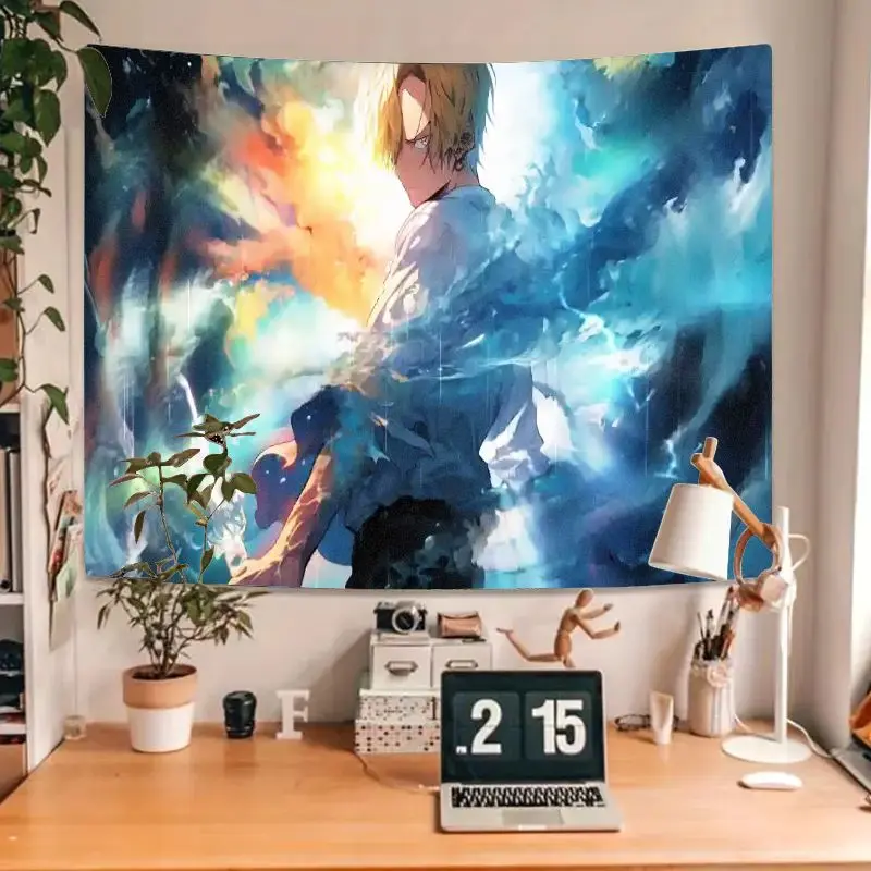 1PC Anime Blonde Charakter Tapisserie Lebendige Abstrakte Blau Gelb Orange Hintergrund Wand Kunst für Schlafzimmer Wohnzimmer Wohnkultur