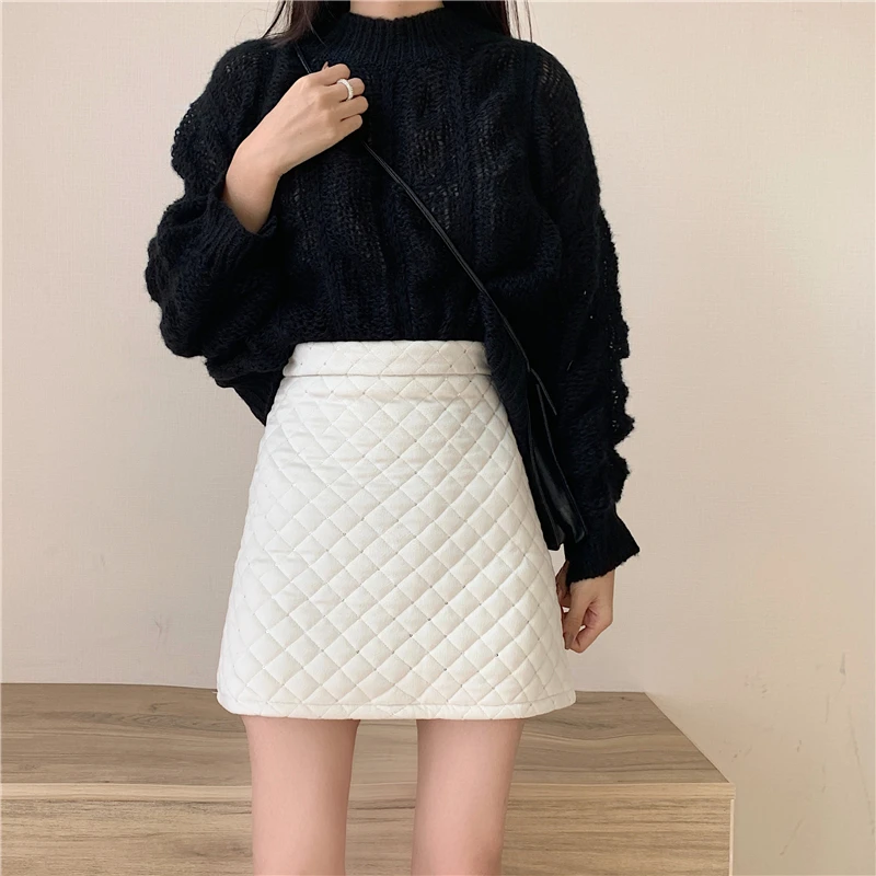 EasyGarment Spring Black High Waist Sequin A-Line Women\'s Winter Clothes New Slim Quilted Velvet Mini Skirt