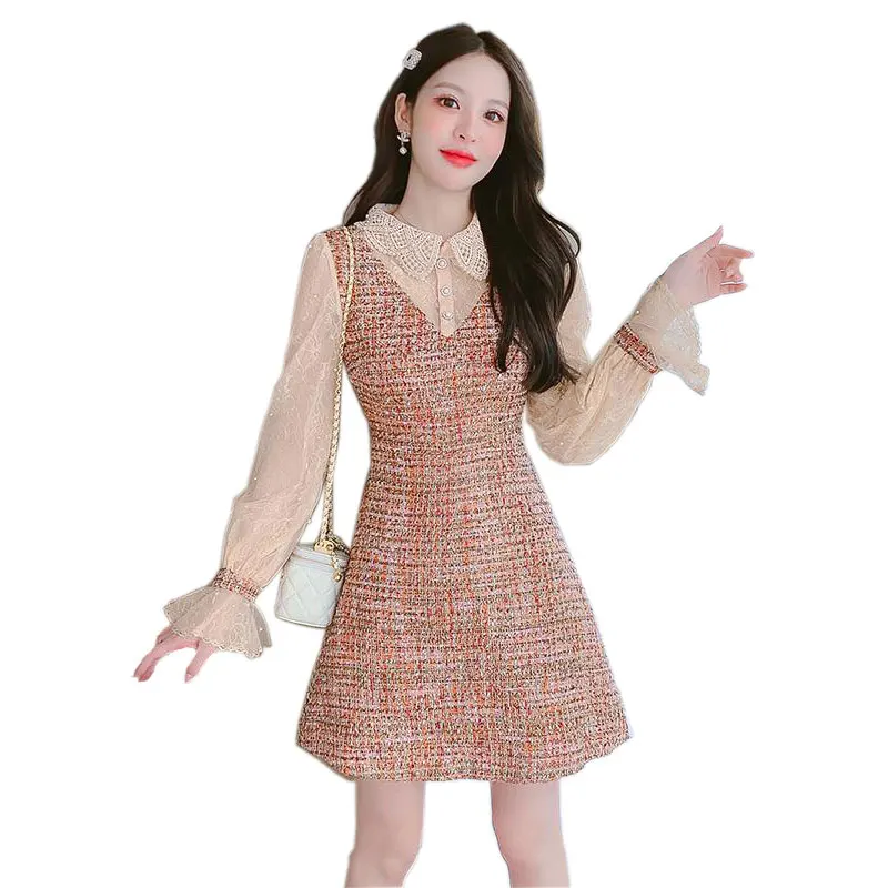 

Women's lace patchwork long sleeved floral dress, 2025 summer new style small fragrance dress