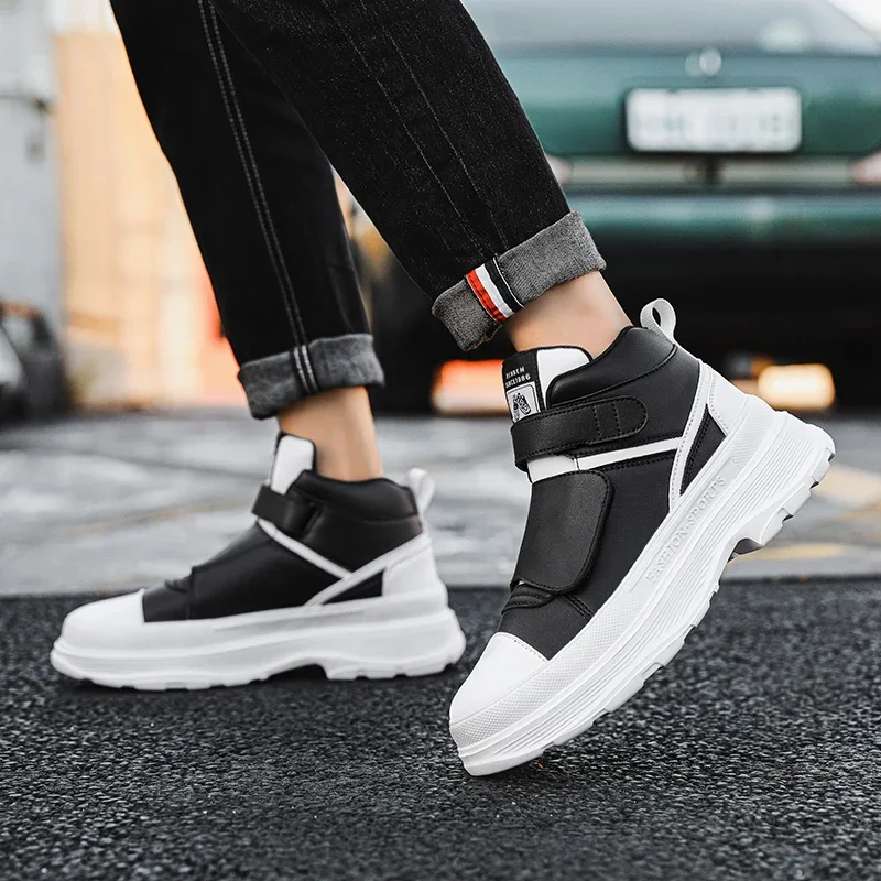 Autumn Men Casual Sneakers Leather Chunky Platform High-top Shoes Ankle Boots Magic Tape Sneakers Male Breathable Sport Shoes 44