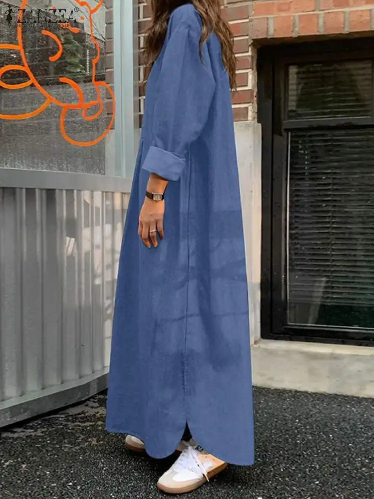 ZANZEA Fashion Women Denim Blue Sundress Spring Lapel Neck Long Sleeve Solid Maxi Shirt Dress Casual Robe Femme Loose Vestido