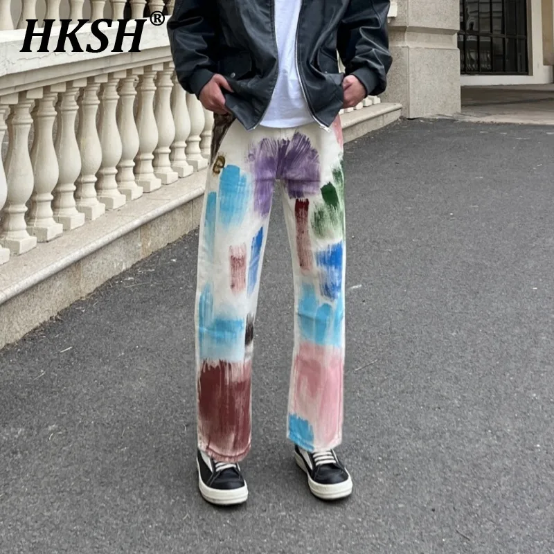 

HKSH American Vibe High Street Vintage Painted Graffiti Jeans Men's Tide Spring Summer Fashion Slim Versatile Denim Pants HK0922