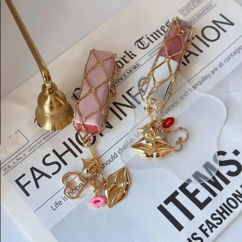 Metal Net Pocket Lipstick Bag Keychain Interchangeable Lip Balm Holder Charm Anti-drop Hanging Pendant for Daily Handbag