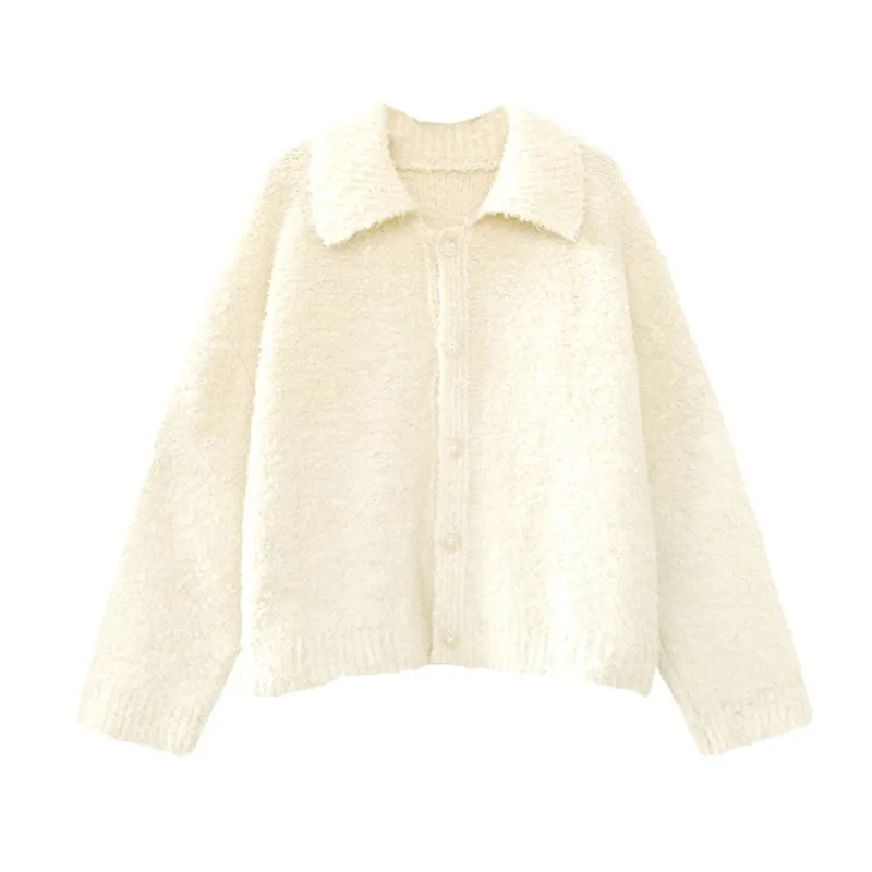 Knitted Cardigan Women Solid Fluffy Autumn Winter Tops Loose Gentle Turn-down Collar All-match Sweet Daily Female Korean Style