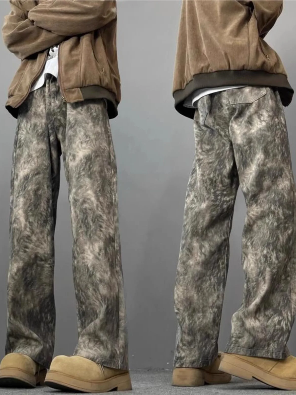 

Tie Dye Coffee Color Men's Jeans Spring Autumn High Street Vibe Knife Design Straight Leg Micro Flare Trendy Jeans