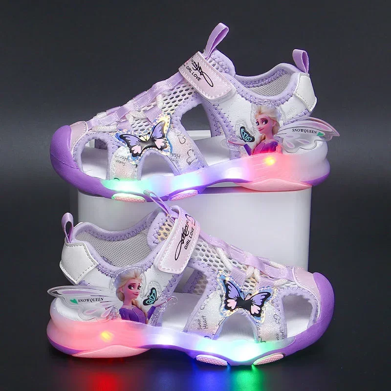 Disney Kinderschoenen Zomer Elsa Meisjes Mesh Teen Sandalen Strandschoenen Mode Ins Frozen Prinses Soft Bottom Led Light Sandalen