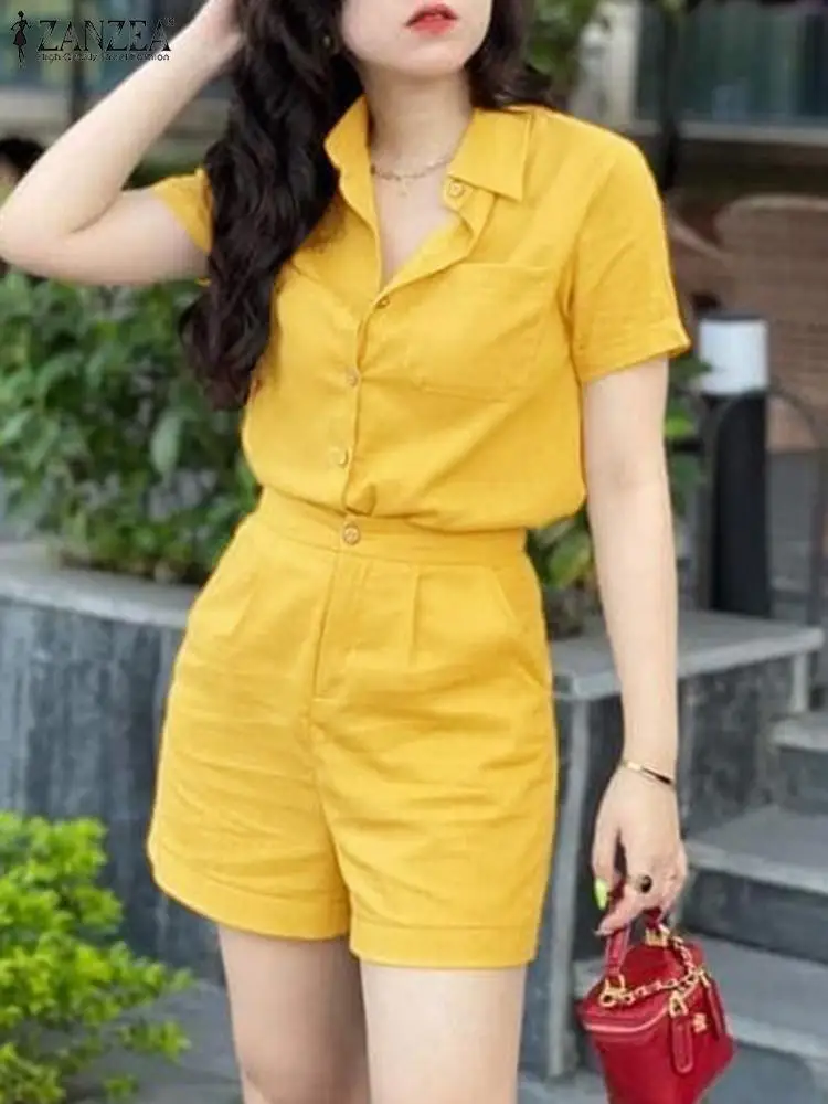 ZANZEA Elegant Women OL Work Short Sets Summer Two Pieces Sets Short Sleeve Blouse Pant Suits Fashion Tracksuits Oversize