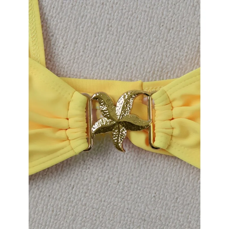 Nowy Zestaw Bikini Damski Sexy Prosty Jednolity Żółty Wiązany na Szyi Push Up Bikini Styl Y2k Strój Kąpielowy Sznurowany Brazylijski Strój Plażowy