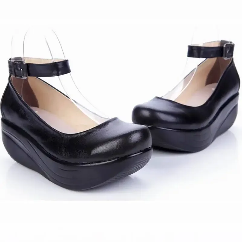 TIMETANG New Women\'s Genuine Leather Platform Shoes Wedges Black Lady Casual Shoes Swing High Heels shoe Plus Size 34-43