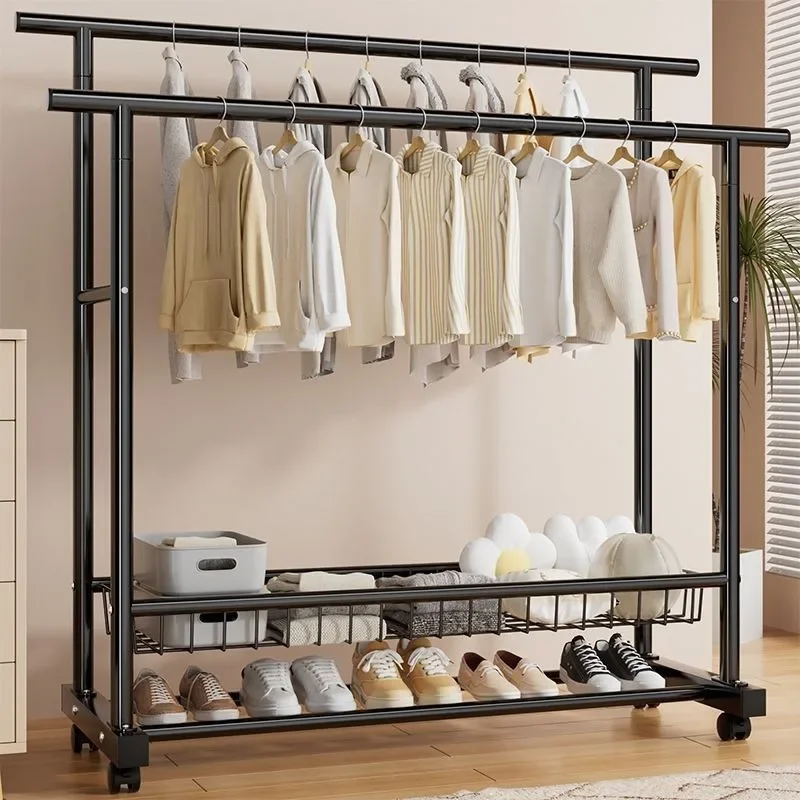 Bedroom Balcony Storage Organizer Clothes Rack Stand Double Rod Clothes Rack Movable Dorm Room Extra Thick Floor Standing