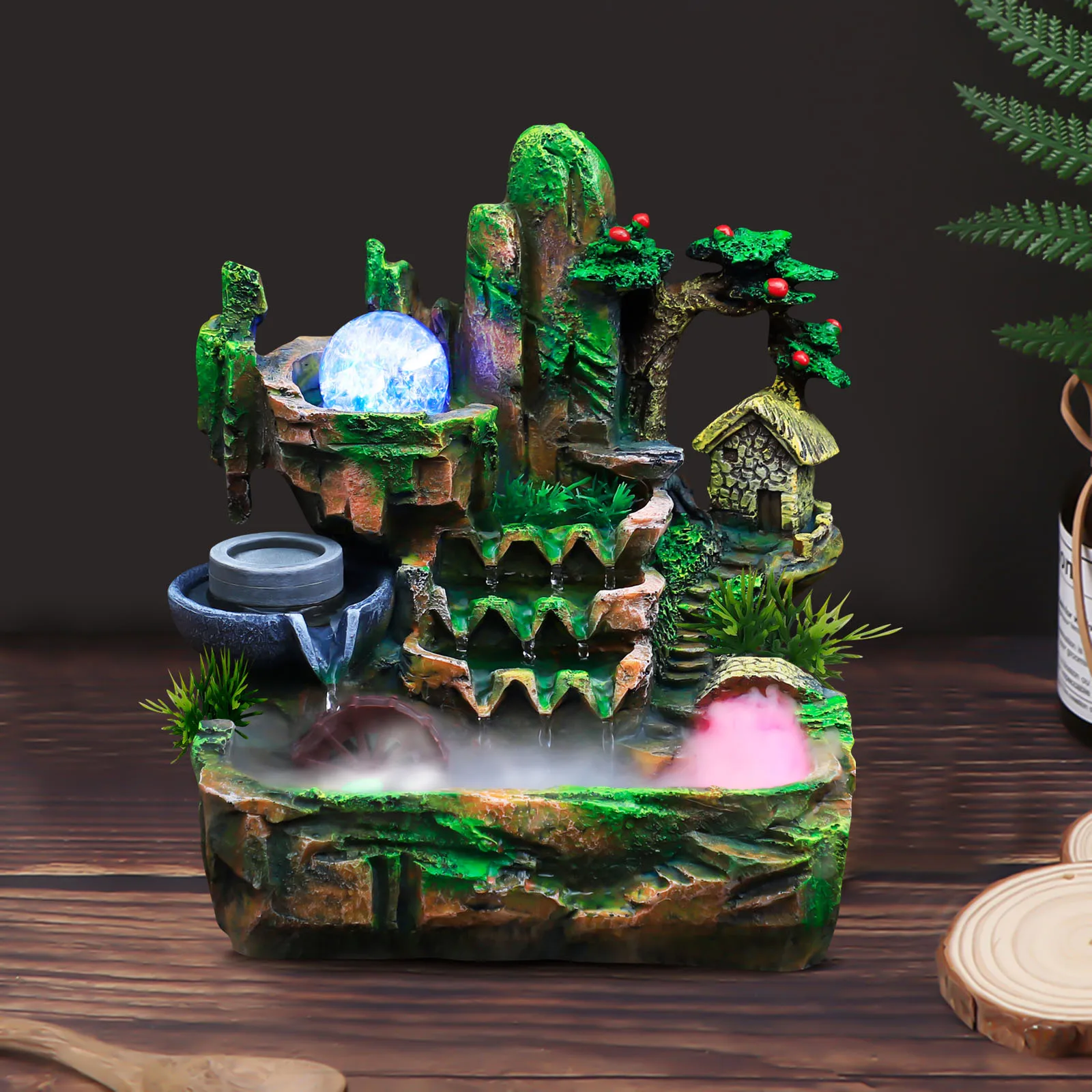 فنغ شوي نافورة الماء سطح المكتب اللون تغيير أضواء LED 110 فولت الولايات المتحدة التوصيل ريفي الراتنج مكتب ديكور تدفق شلال 26x20x28 سنتيمتر