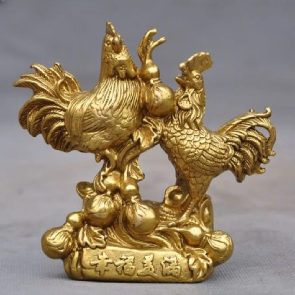 

China brass auspicious Feng Shui gourd Cock Rooster Chicken Zodiac animal statue