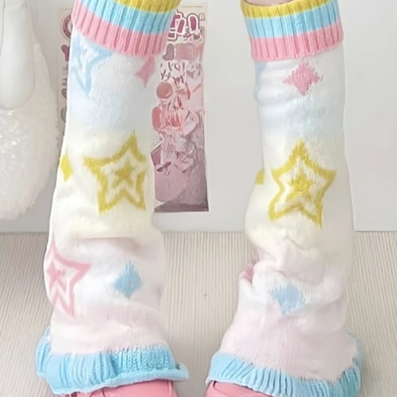 Japanese Design Flared Hosiery Colorful Y2K Star Comic Autumn Winter New Sweet Girl Y2k Knitted Wide Leg Socks Warmers Ladies
