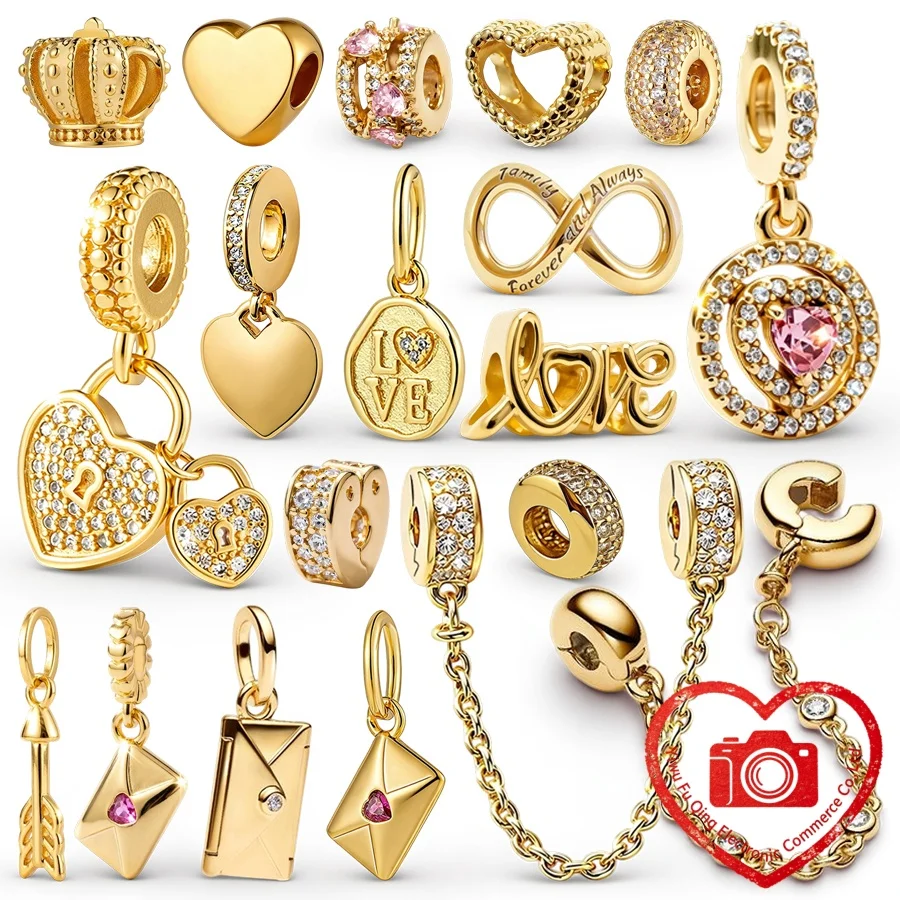 

Hot Sale Golden Charms DIY Jewelry Gifts Love Letter Pendant Handwritten Love Sparkling Hearts Clip Beads Fit Original Bracelets