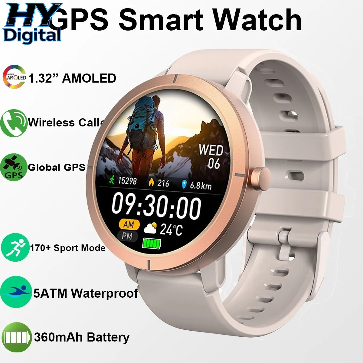 HY Digital GPS Sports Smart Watch 1.32'' AMOLED Screen 5ATM Waterproof Wrist Watch 360mAh Elevation Pressure Compass Smartwatch
