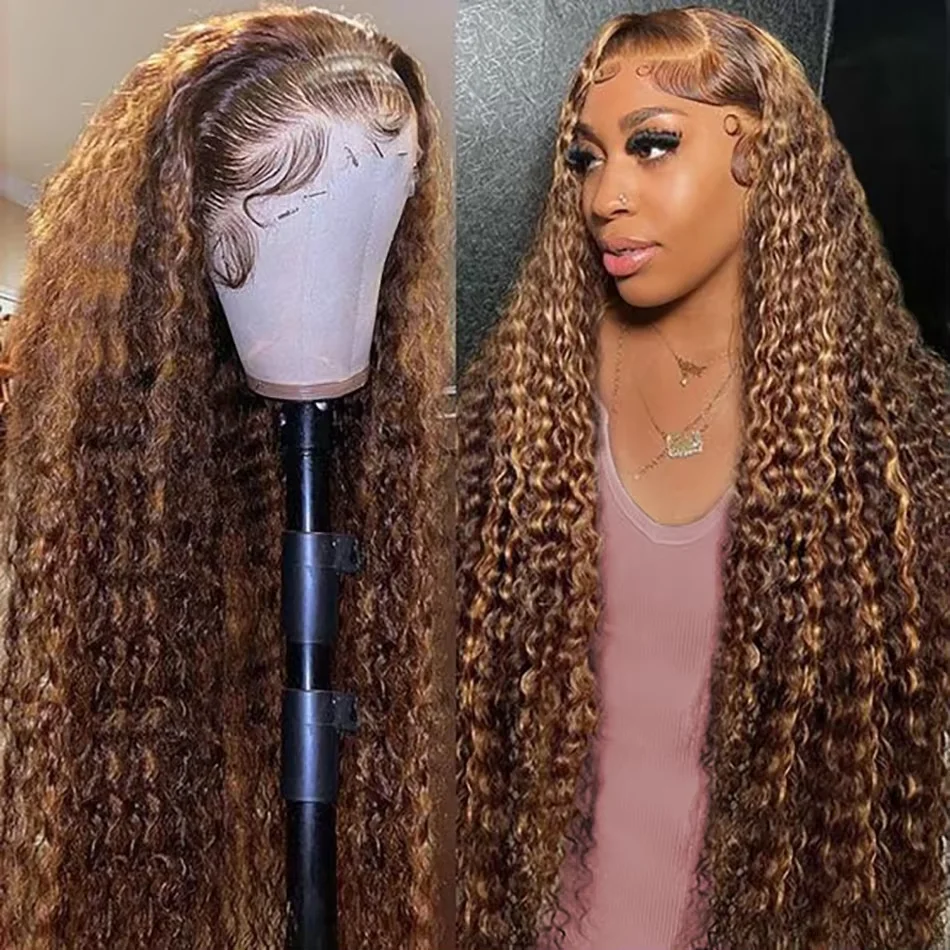 

Глубокая волна 32 34 дюйма Выделите 250% Плотность 13x4 HD Парики из натуральных волос на кружеве Медовый блондин Бирманские вьющиеся бесклеевые фронтальные парики