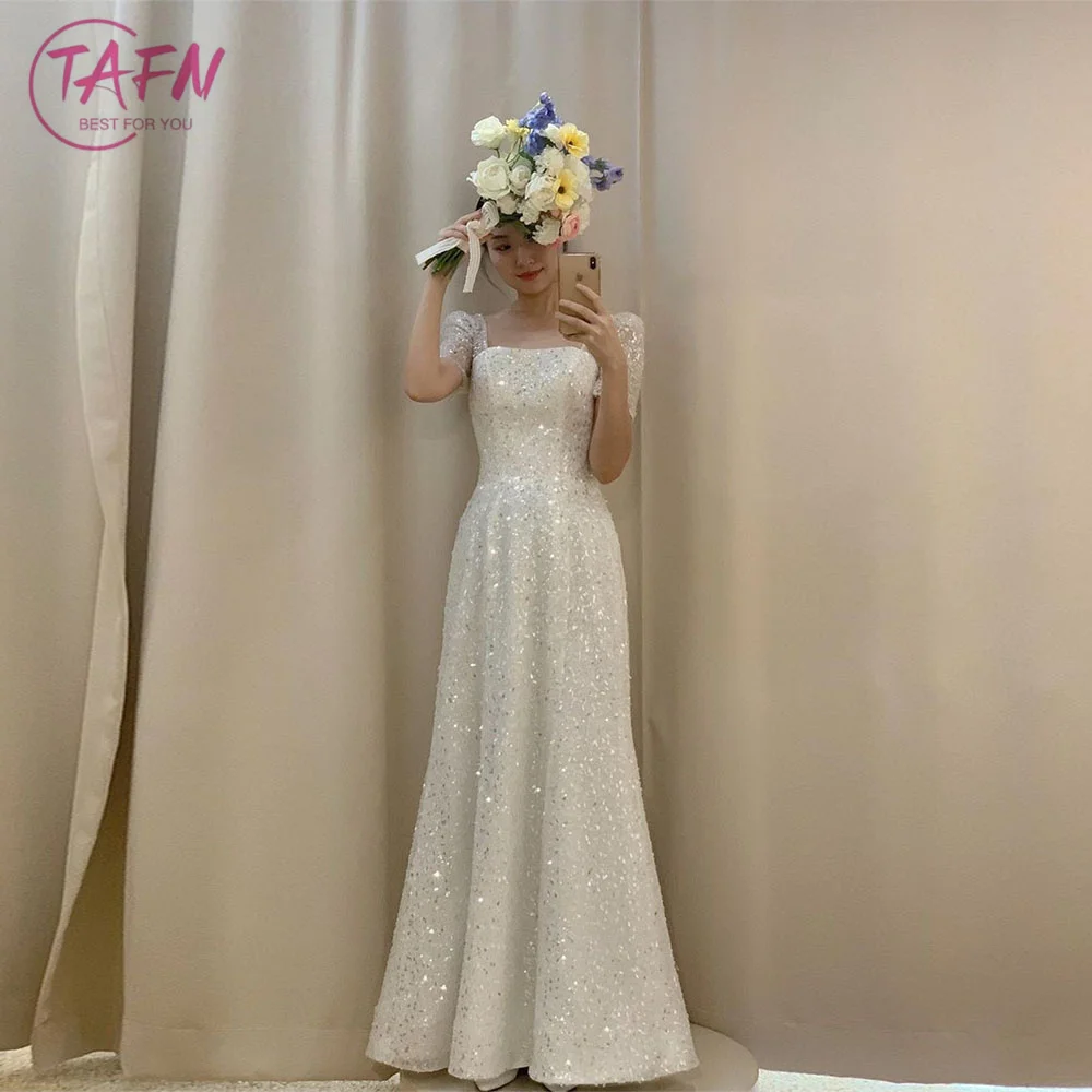 TAFN Luxury Wedding Dresses Square Collar Short Sleeves Bridal Gowns Floor-Length Photo Shoot Dress for Bride Custom Made