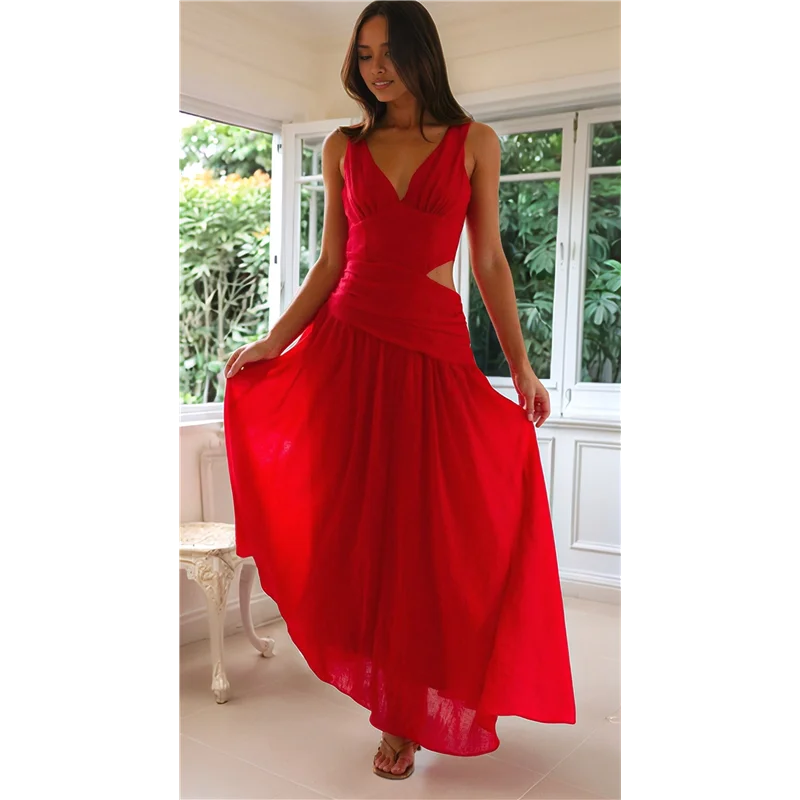 ASDS-Vestido feminino de festa de verão com cintura longa e franzido, decote em V fluido, vestidos femininos plissados