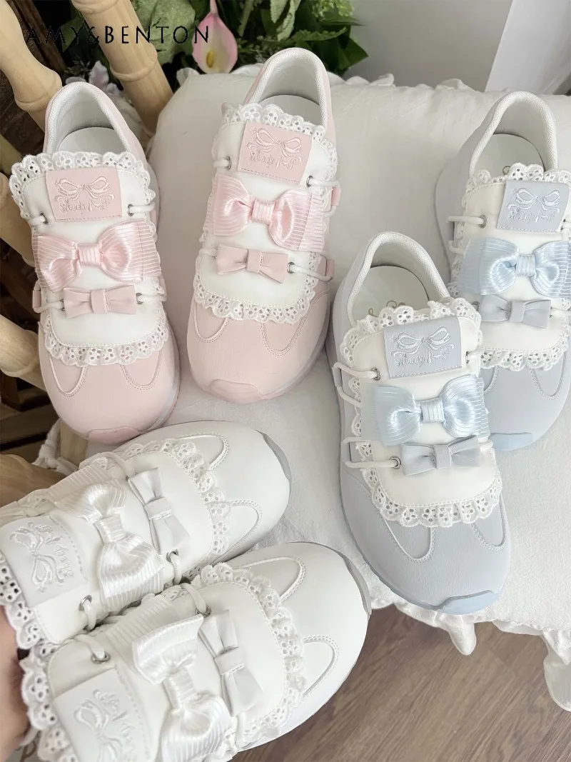 Japanese College Style Thick-Soled Sneakers Original Lolita Cute Round-Toe Running Shoes Bowknot Patchwork Casual Sneakers Women