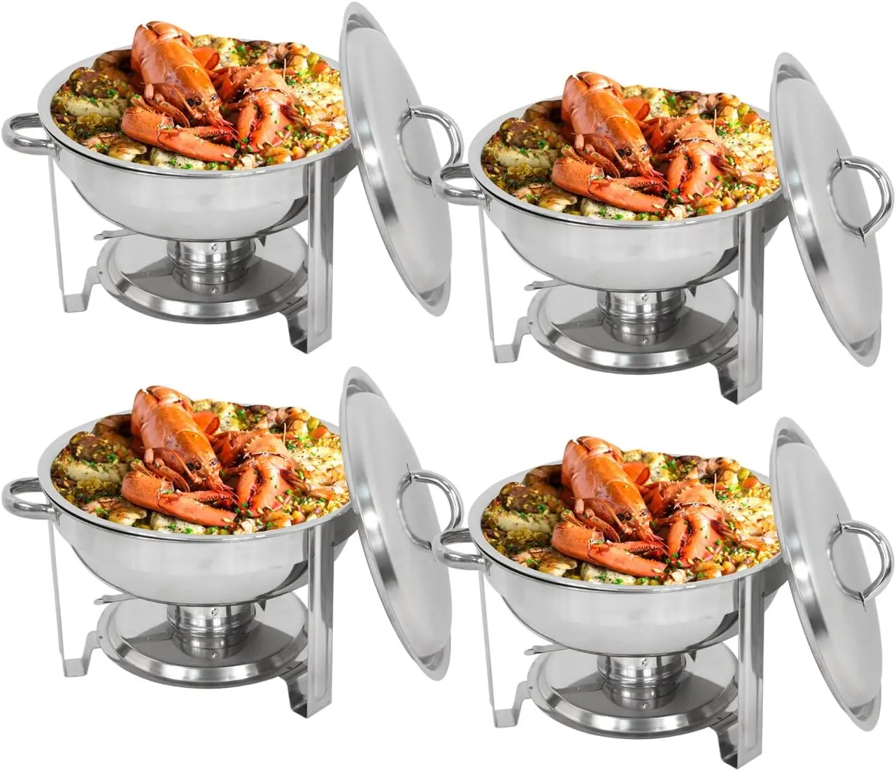 

F2C 4 Pack of Stainless Steel Round Chafing Dish Buffet Set Chafer Warmer Set with Trays Pan Lid Folding Frame Stand for Kitchen