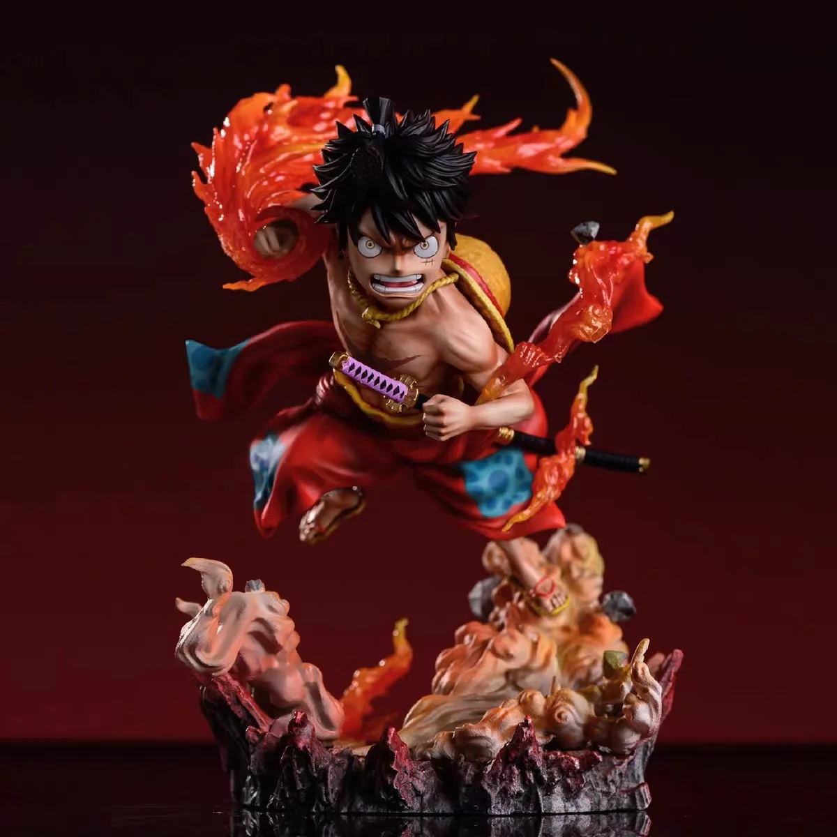 

Anime One Piece Second Gear Luffy GK Fire Fist Q Version Scene PVC Figure Ornament Model Boxed Decorate Toy Christmas Gifts