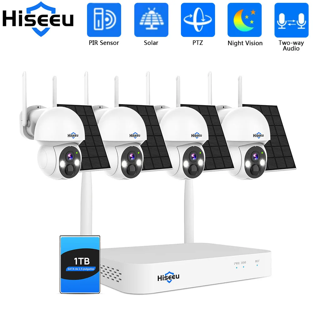 

Hiseeu 4MP WiFi PTZ Солнечная IP-камера Комплект системы безопасности Ночное видение Обнаружение человека P2P Двустороннее аудио 10-канальный NVR Набор камер видеонаблюдения