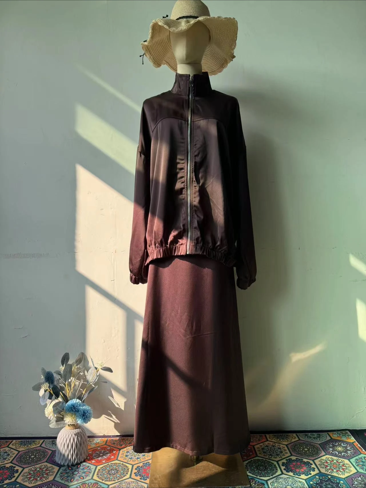 ชุดมุสลิมซาติน 2 ชิ้นชุดสตรี Abaya Musulman Ensembles อาหรับยาว Robe ดูไบ Kaftan Vestidos Jalabiya Ramadan Eid