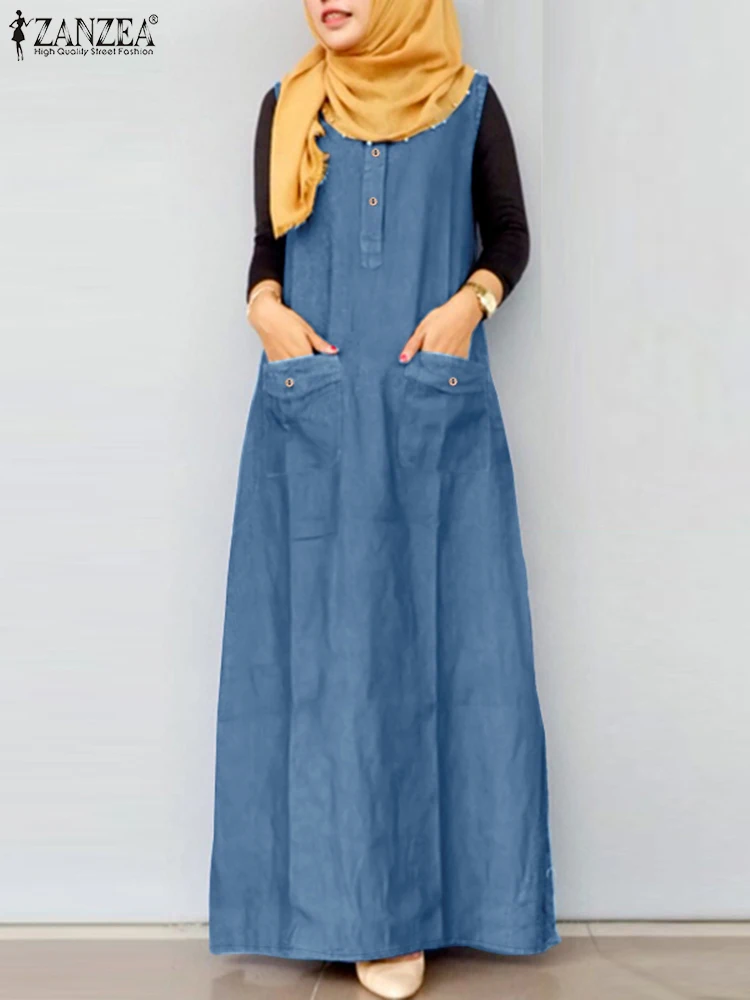 2024 Zanzea muslimischen Maxi Sommerkleid Robe Femme elegante Overalls Kleid Frauen Mode ärmellose A-Linie lose Vestidos Dubai Abaya
